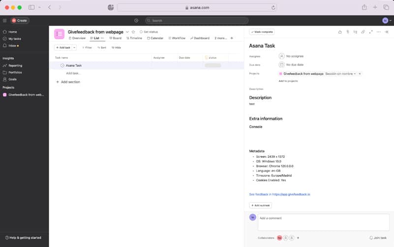 Website feedback report created as an Asana task