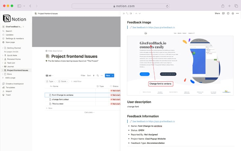 Website feedback report created as a page in Notion