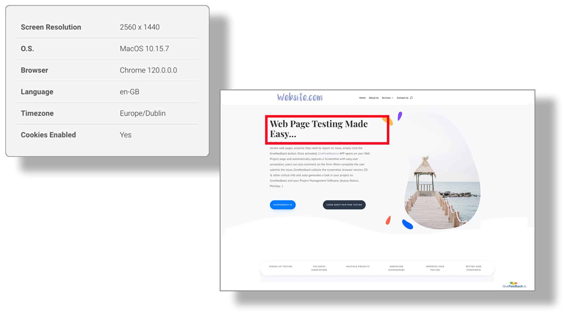 A feedback report in GiveFeedback.io showing the screenshot and the tester's browser data