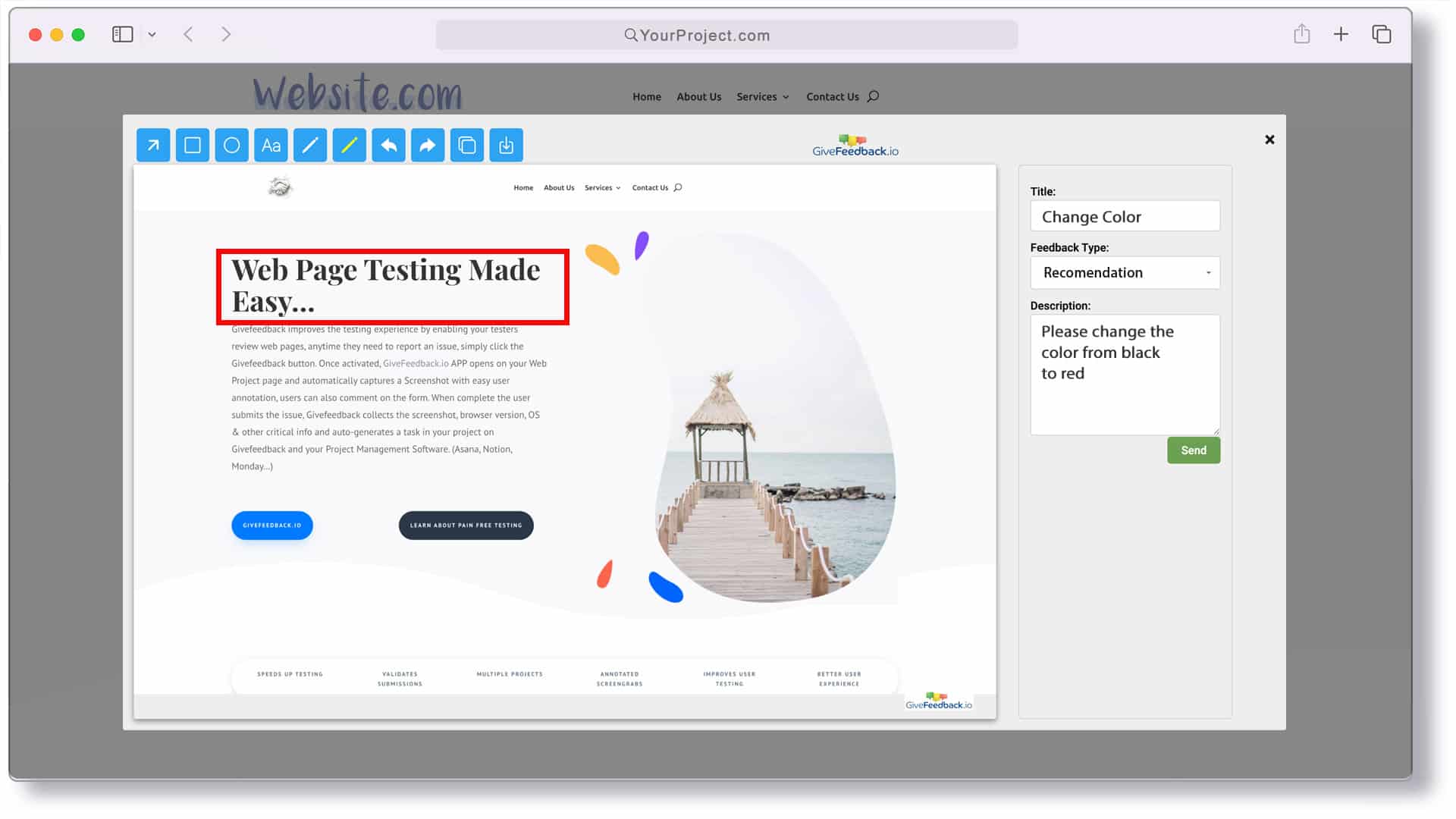 A client marking up a screenshot of a website in the GiveFeedback.io widget