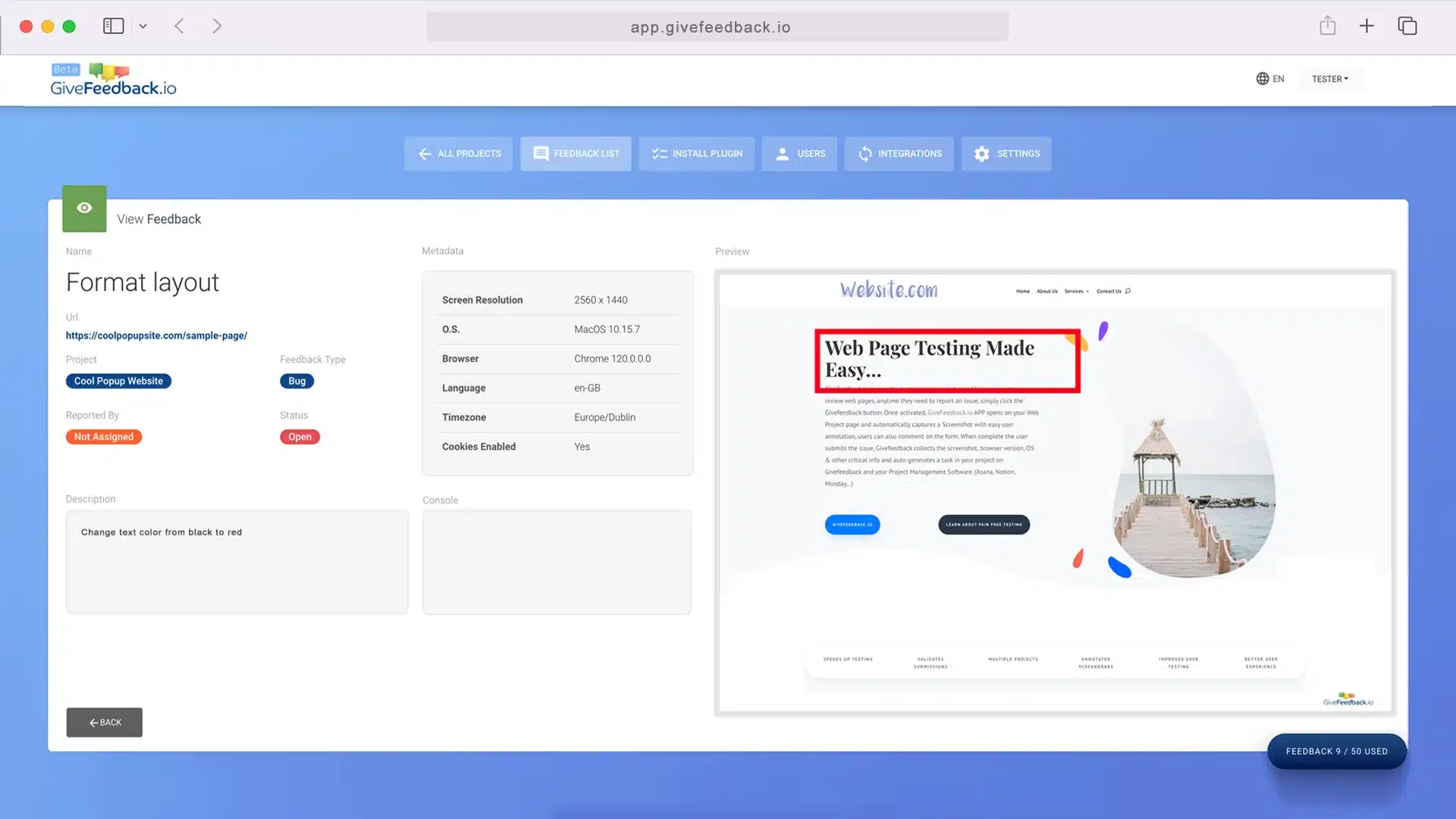 List of website annotations with screenshots and statuses